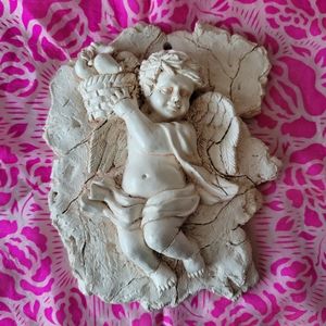Distressed Vintage Look Cherub ~ Angel w/ Fruit Basket Plaque ~ Lovely ~ Art